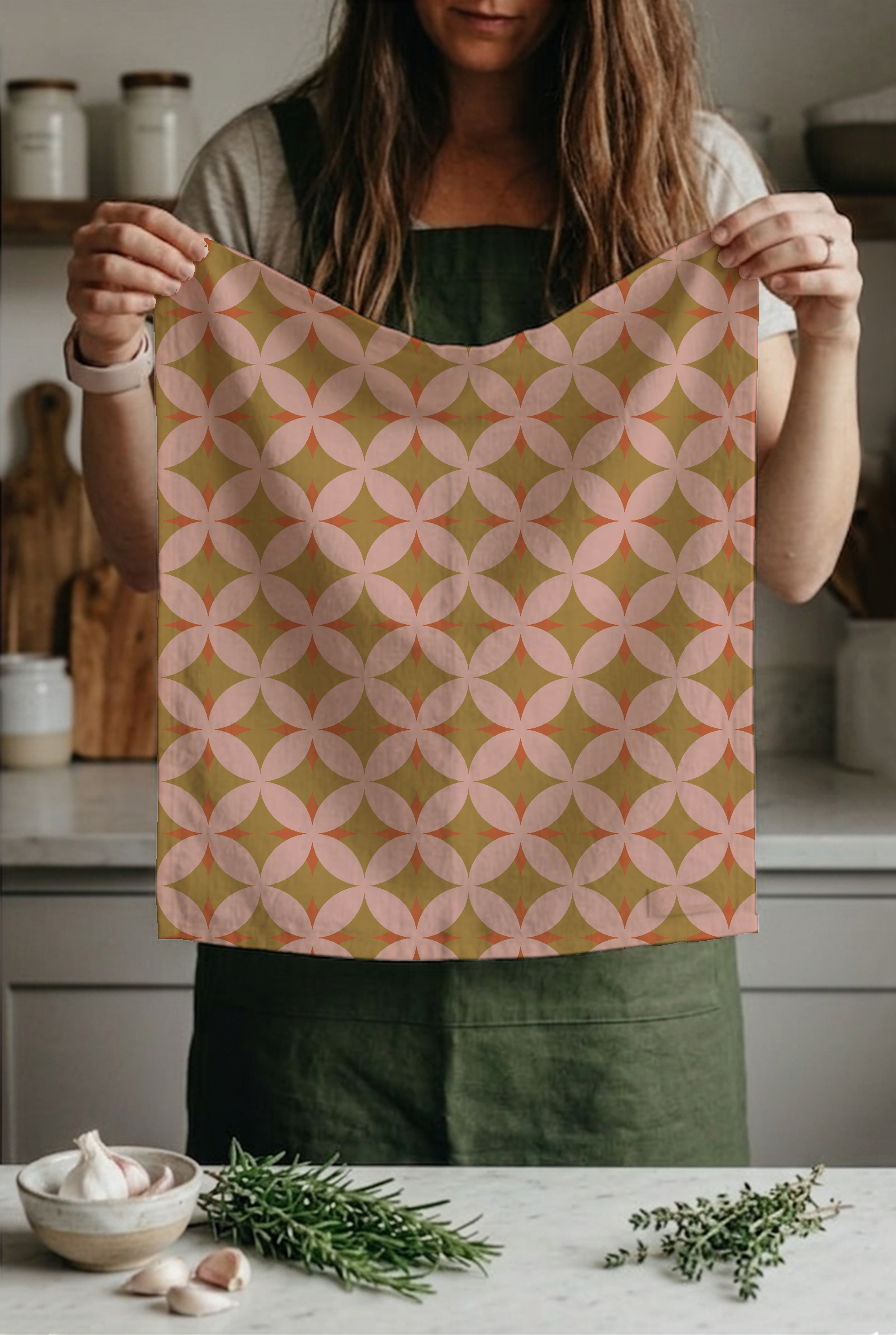 Desert Rose:  A bold four-petal quilt block in sun-warmed terracotta, golden ochre, and dusty blush. Earthy and striking with a modern geometric sensibility.