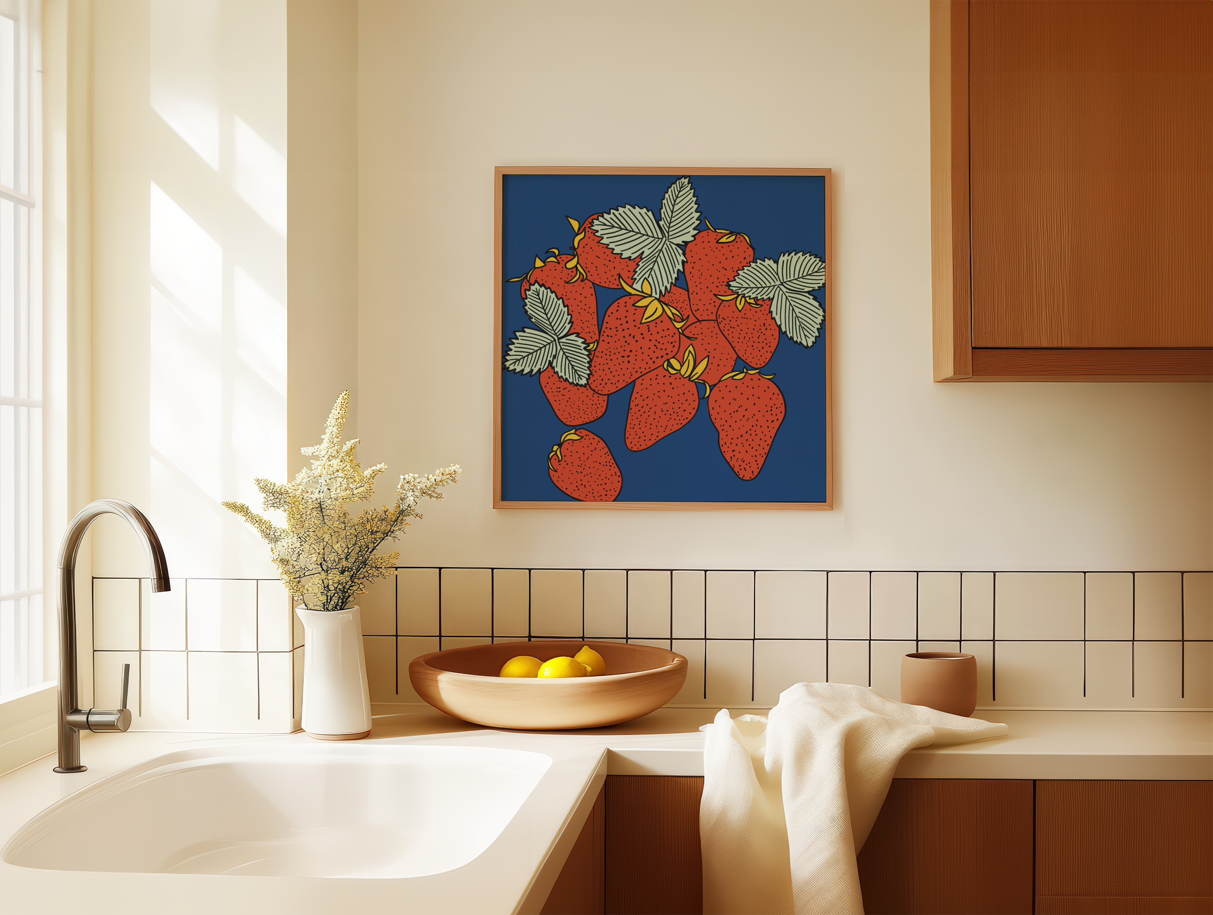 Strawberry Cluster:  A cluster of ripe strawberries gathers against a rich blue ground, highlighting the simple beauty of freshly picked fruit at the height of the season.