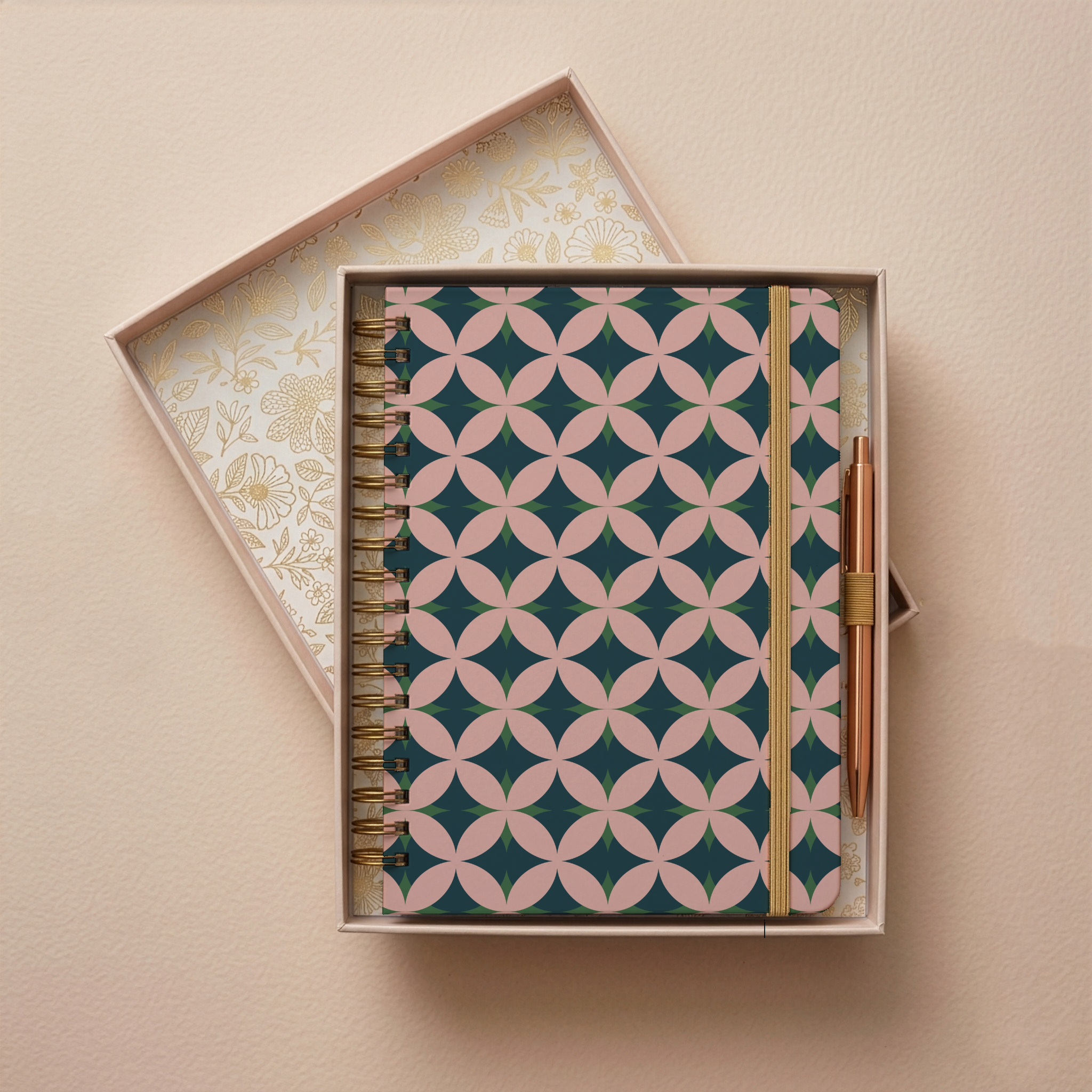 Midnight Garden:  A bold four-petal quilt block in deep teal and soft blush with rich green corners. Moody, elegant, and thoroughly modern.