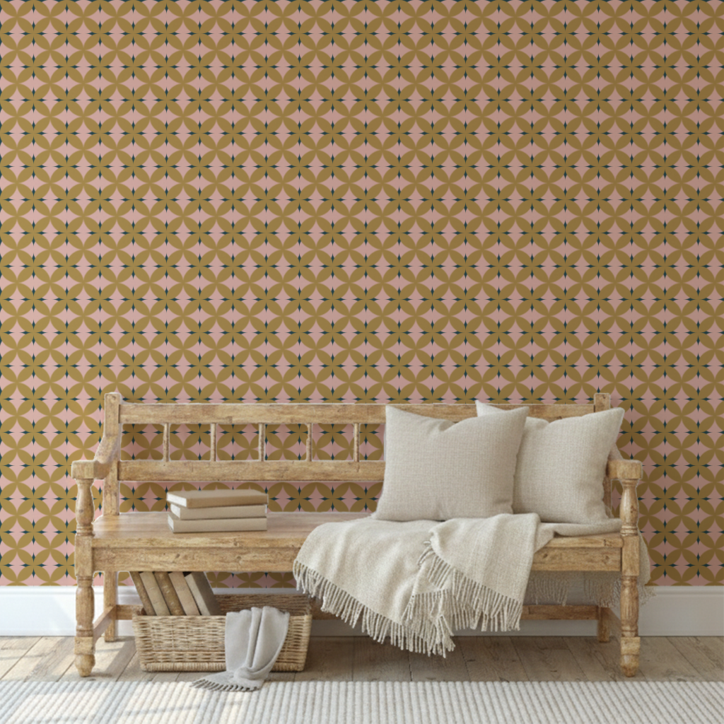 Harvest Moon:  A bold four-petal quilt block in a rich palette of teal, warm gold, and soft blush. Graphic and modern with a timeless quilting sensibility.