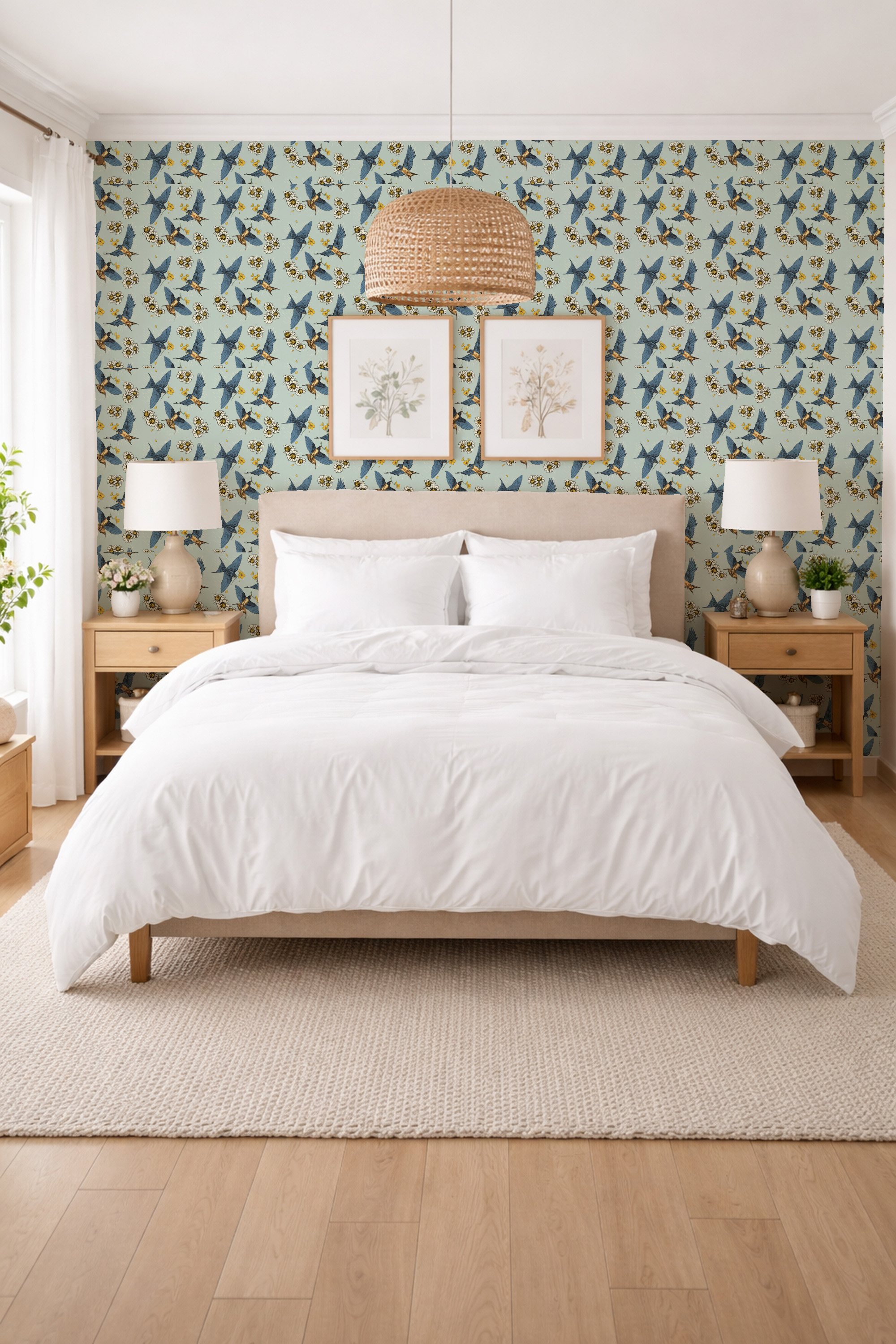 A neatly made bed with white sheets and pillows, two wooden nightstands with lamps and plants, a patterned wallpaper with birds and flowers, two framed botanical prints above the headboard, a woven pendant light, a plush beige carpet, and natural light coming through white curtains.