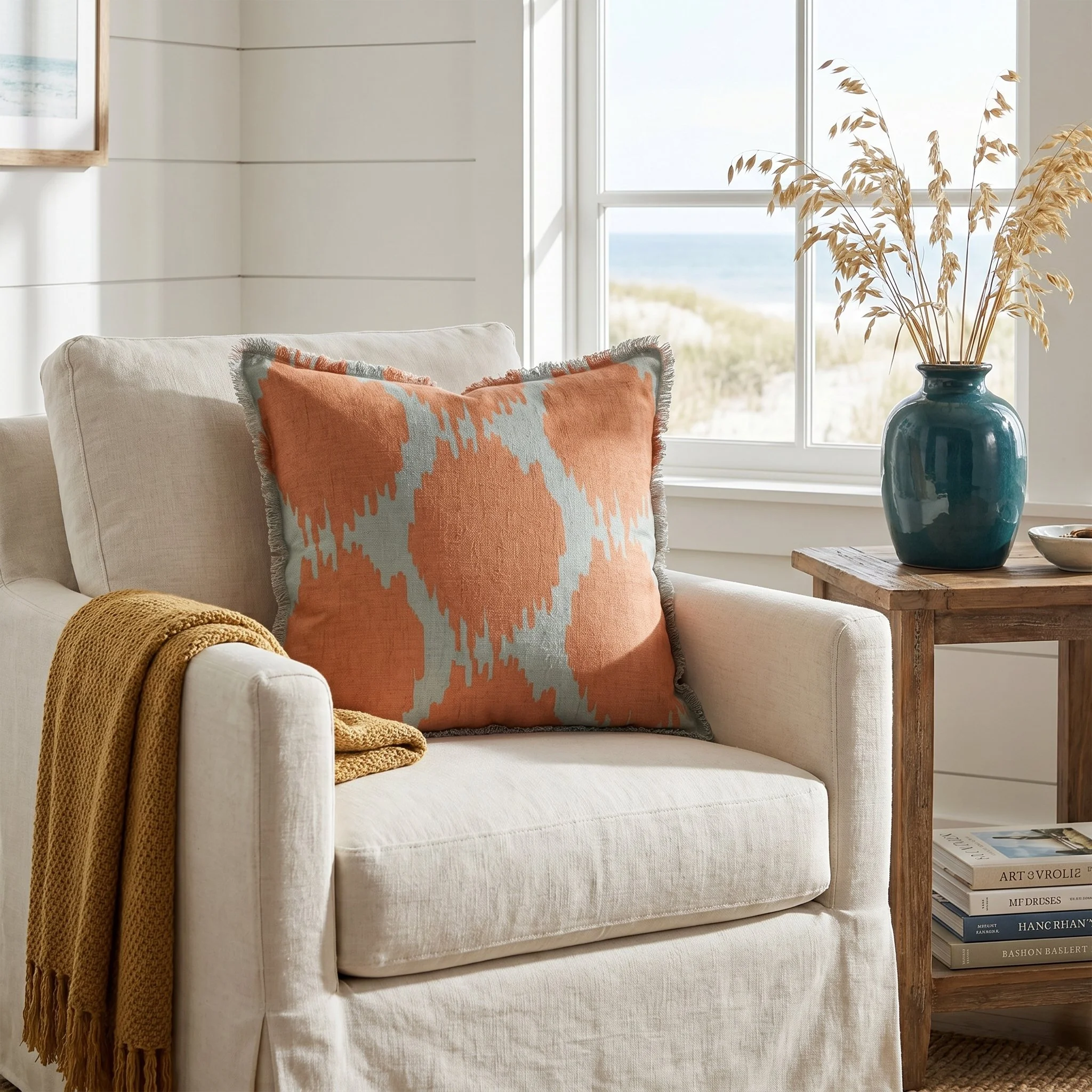 Canyon:  A large-scale textural medallion in warm coral on a soft blue-grey ground. Bold and sun-warmed with a handcrafted, painterly feel.