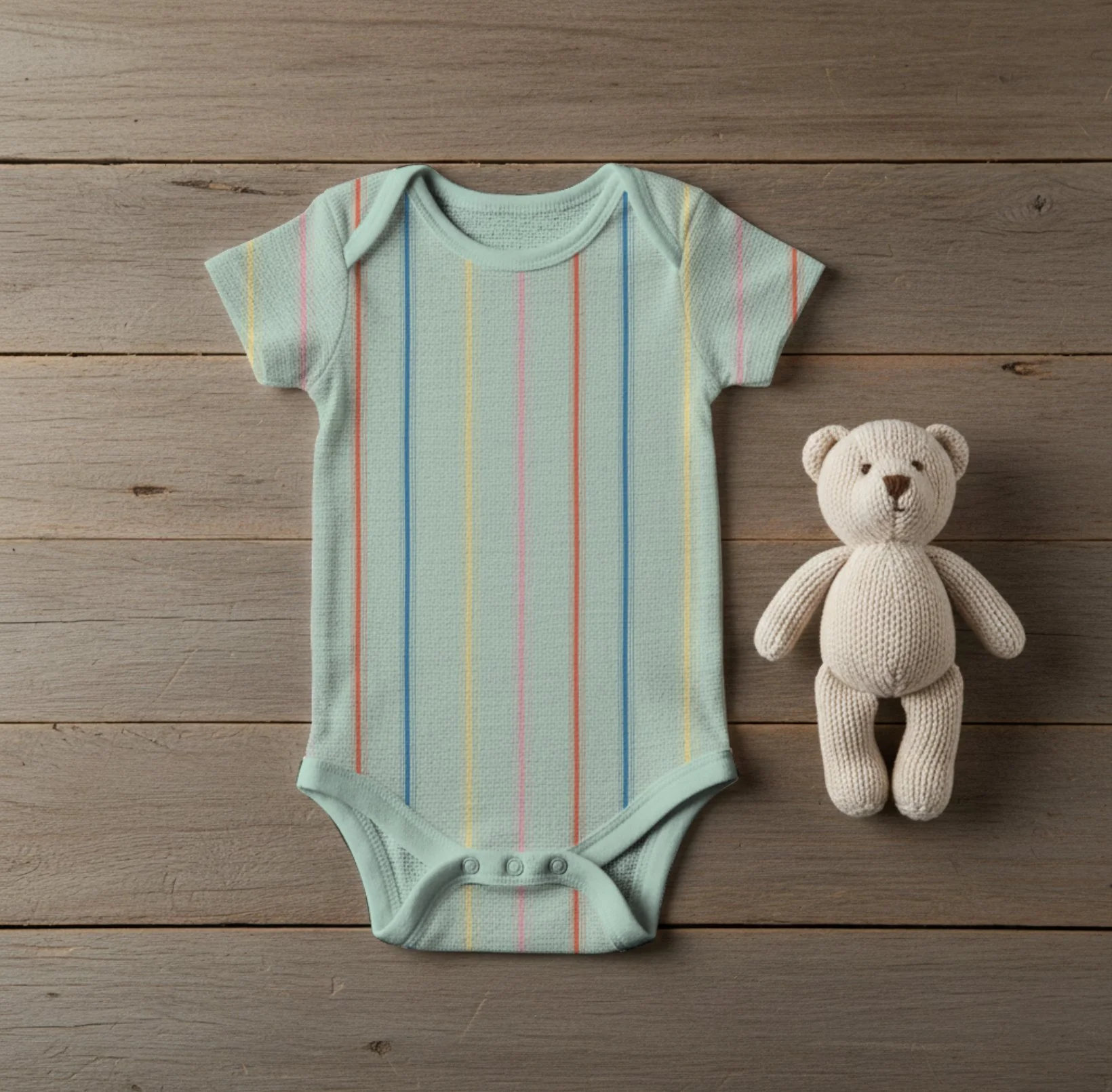 A light green baby bodysuit with multicolored vertical stripes and a beige knitted teddy bear on a wooden surface.