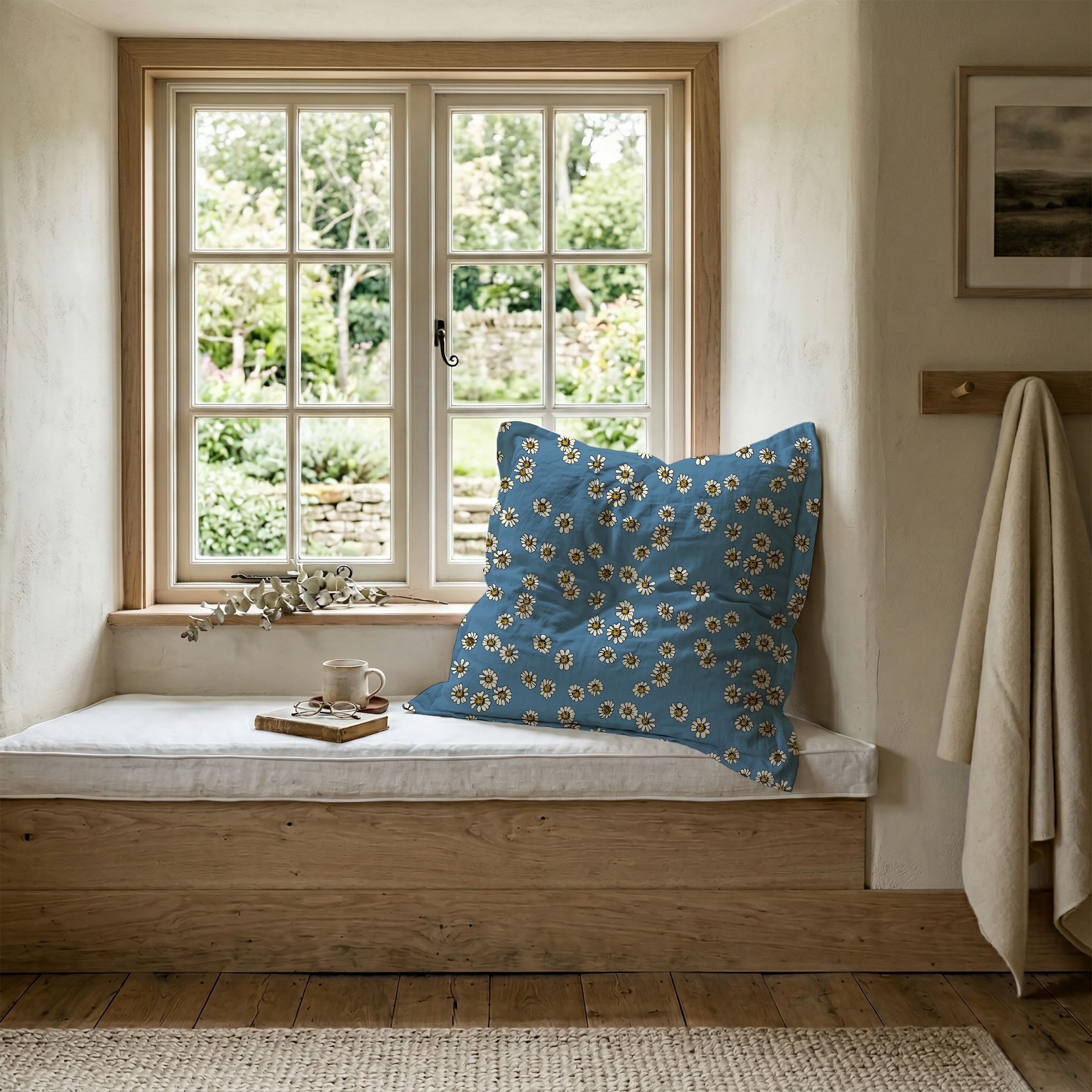 Chamomile Adrift:  Delicate blossoms scatter softly across the ground, as if gently carried and scattered by the passing breeze. Light, airy and quietly rhythmic, this pattern brings a sense of calm and continuity to the collection.