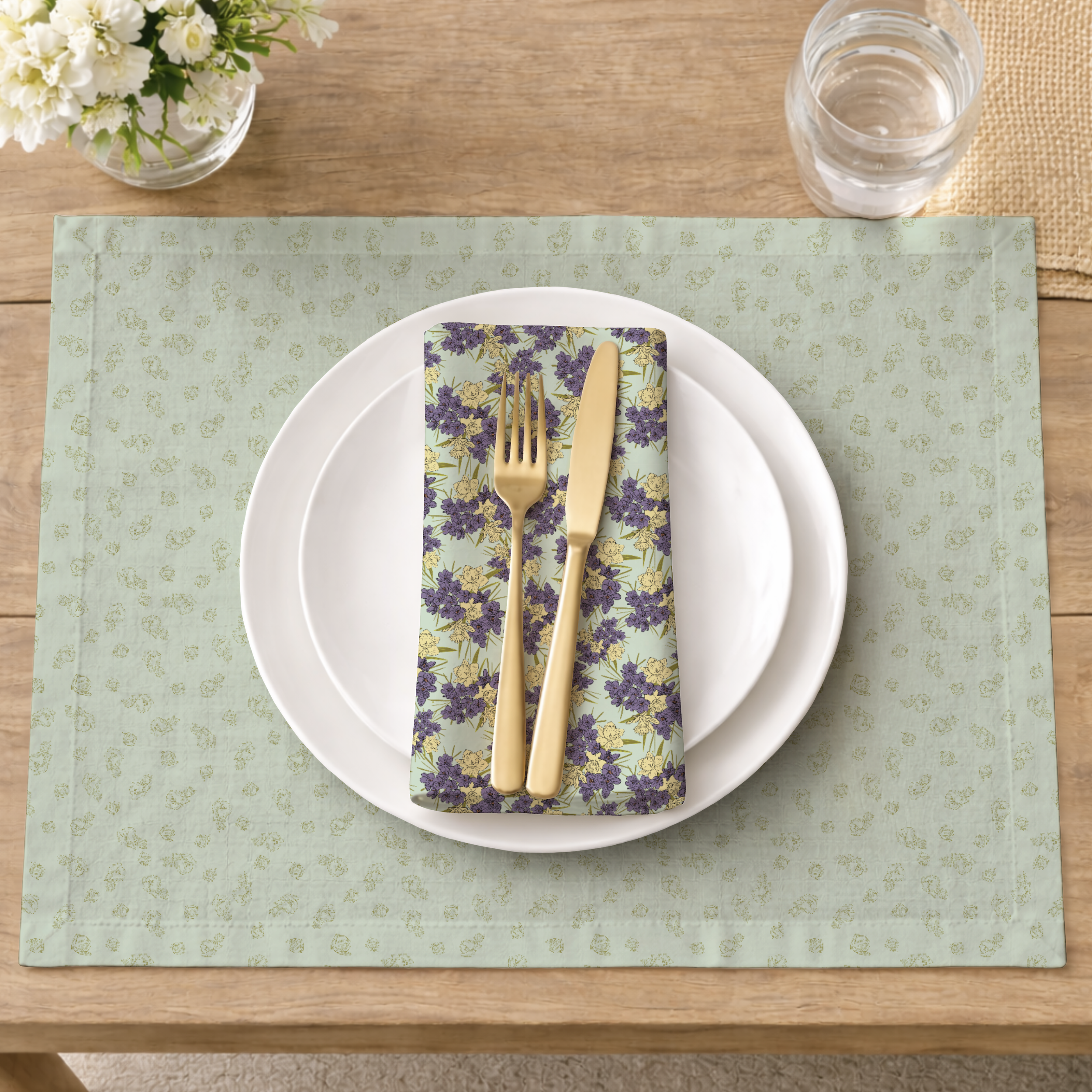 A table setting with a white plate, a floral-patterned napkin, and gold-colored cutlery, placed on a green tablecloth with a subtle floral design. In the background, there is a small glass of water and a vase of white flowers on a wooden table.