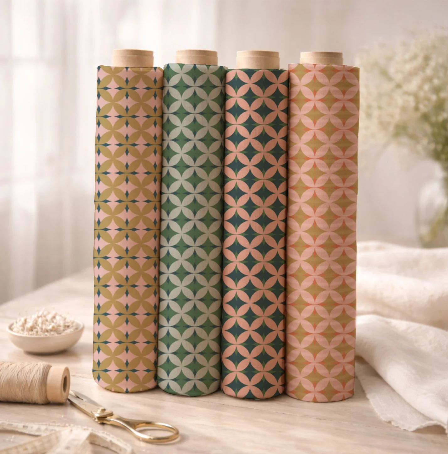 Four rolls of patterned fabric standing upright on a white surface, with craft supplies like scissors, a spool of twine, and a small bowl of scraps nearby.