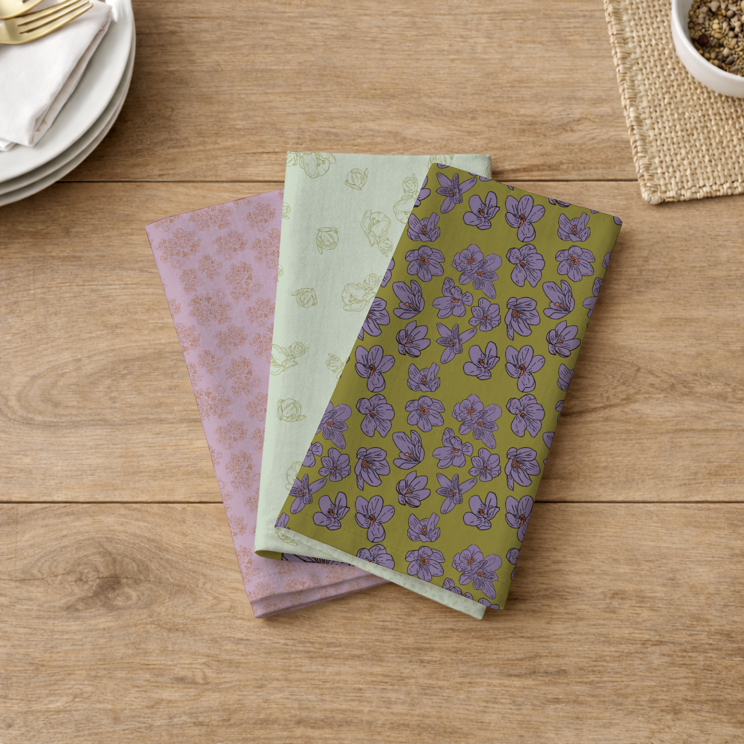 Left to Right:  Spring Ground, Budding Quince and Crocus Scatter