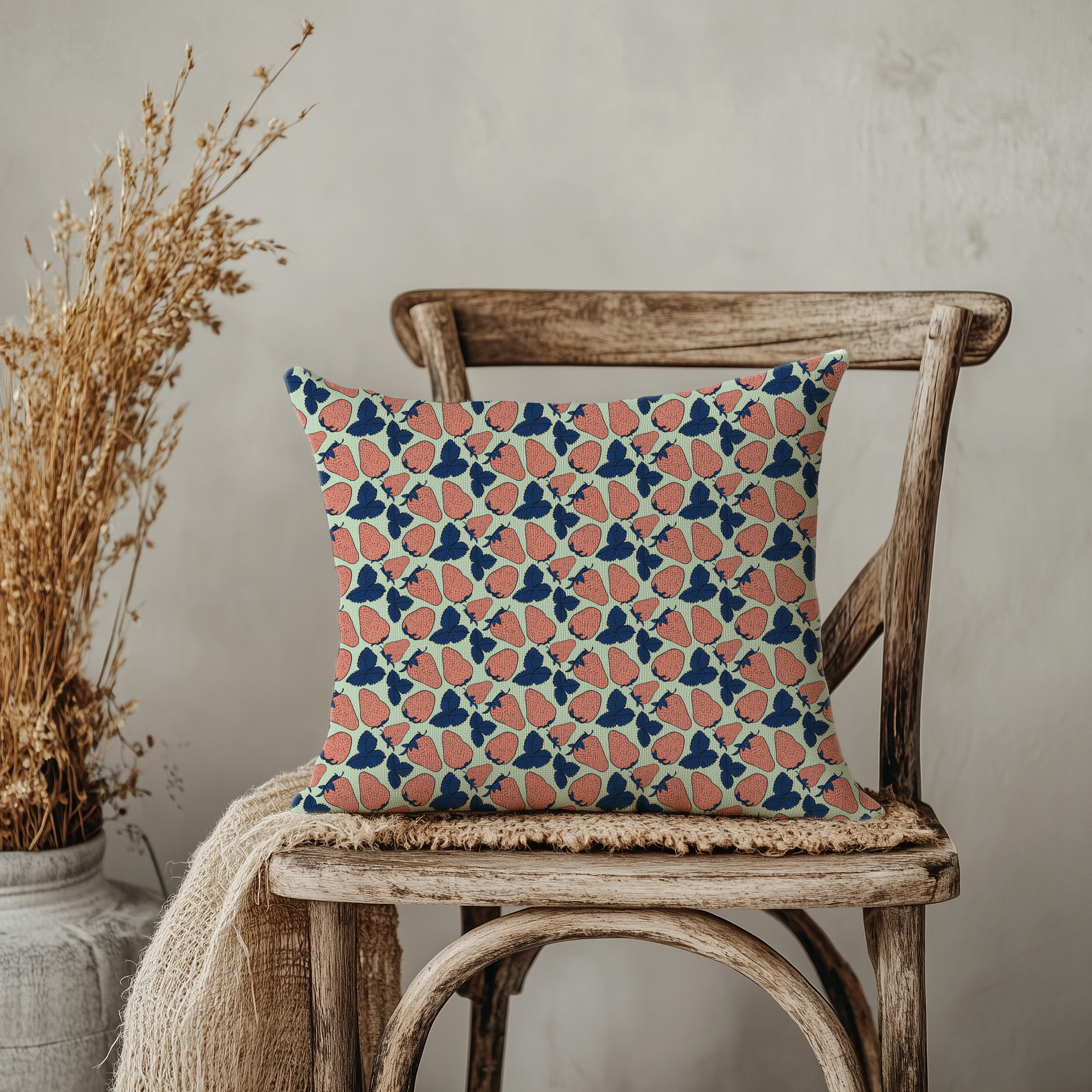 Sweet Strawberries:  Scattered strawberries and leaves drift across the surface in an easy, relaxed layout that feels both fresh and timeless. (Available on green, red and yellow.)