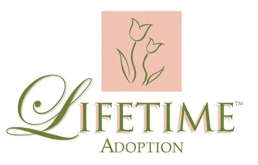 Logo with stylized tulips on pink background and the words 'LIFETIME Adoption' in elegant green font.