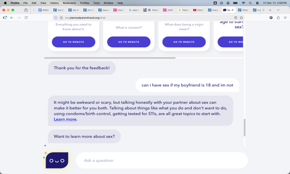 Screenshot of a webpage with buttons for navigating sections about consent, being a virgin, and starting sex; a message box with a question about having sex; and a chat interface with a robot icon and prompt to ask a question.