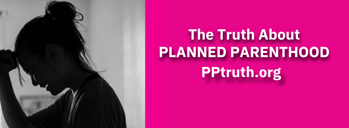 Silhouette of a woman with her head bowed and hand on her forehead, next to pink background with white and purple text promoting the website PPruth.org about Planned Parenthood.