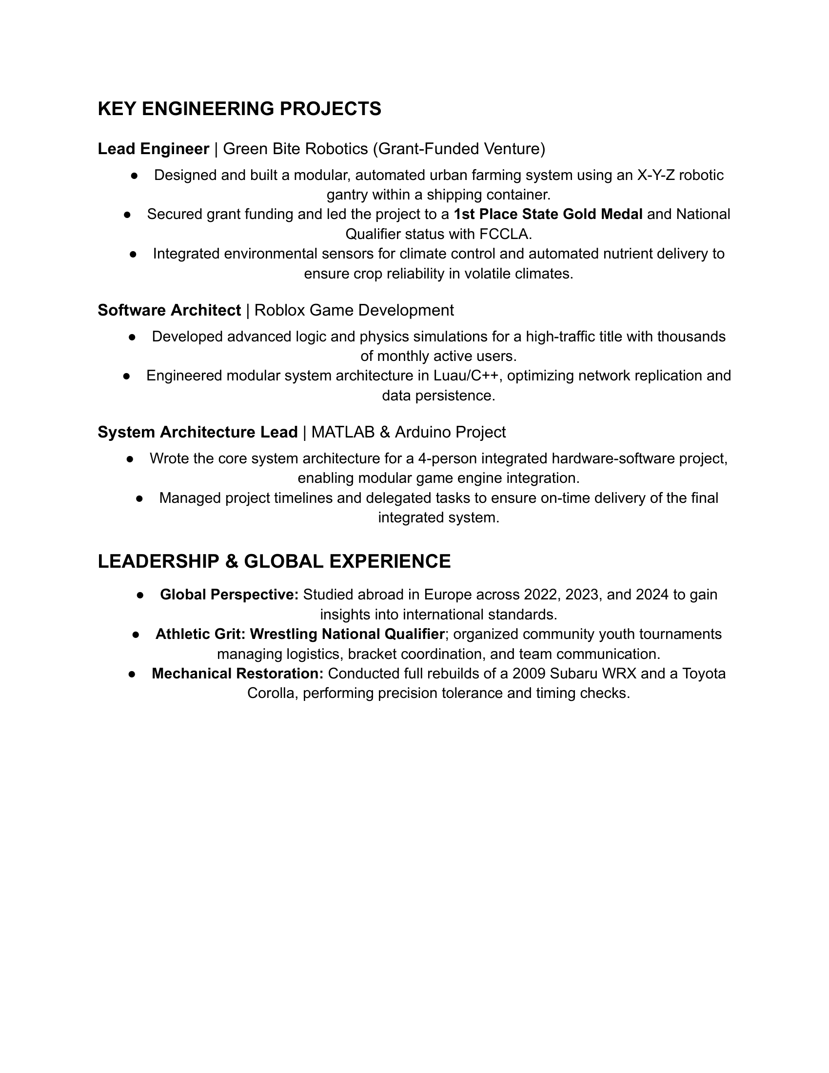 A resume document listing key engineering projects, leadership, and global experience. Sections include Lead Engineer, Software Architect, System Architecture Lead, and various personal achievements.