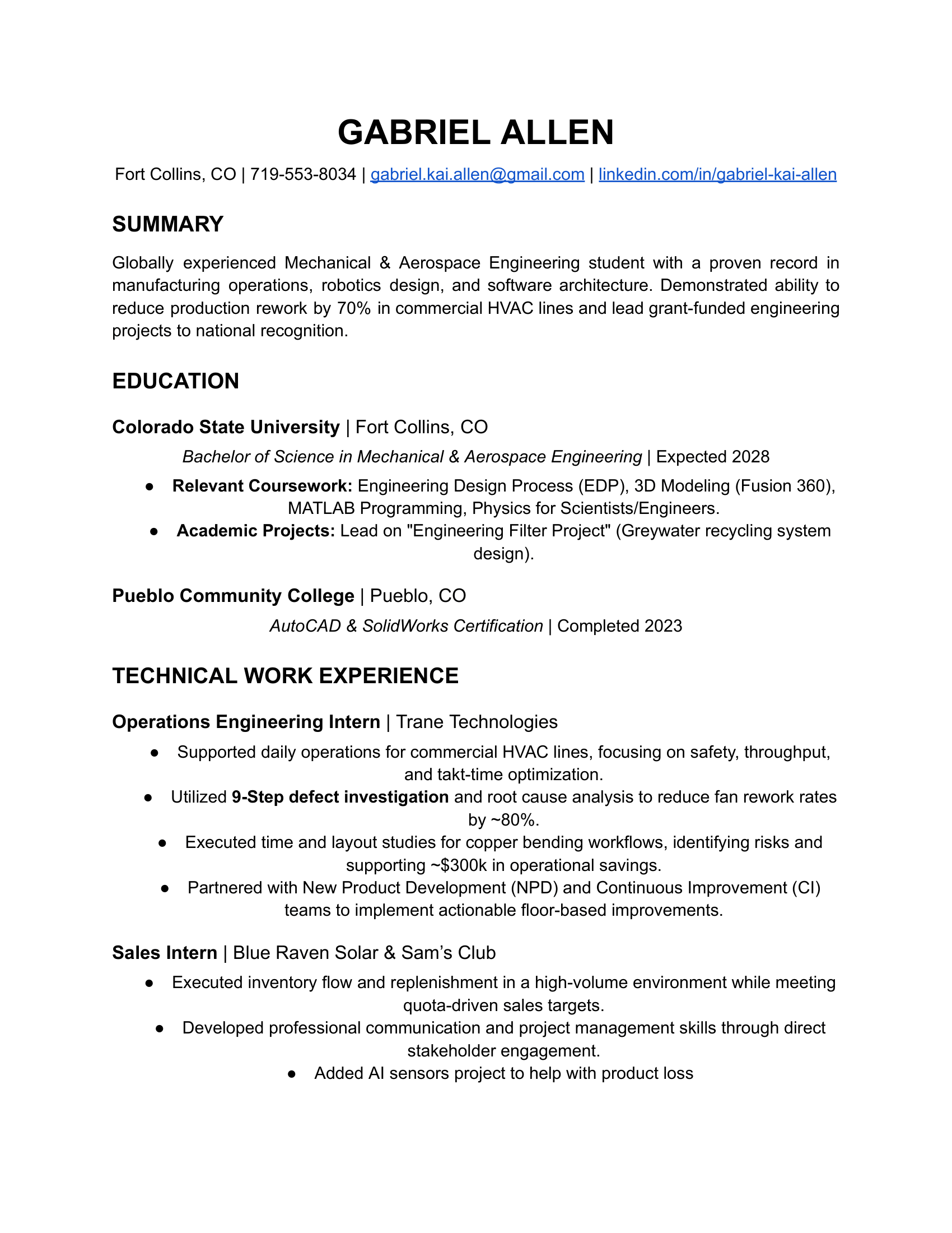 Resume of Gabriel Allen with contact info, summary, education, technical work experience, and internship details.