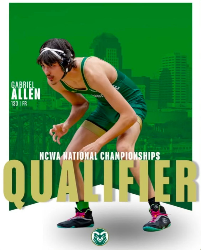 A male athlete in a green singlet and shorts crouches in a ready position with a focused expression, wearing a helmet and running shoes. The background features a green cityscape with tall buildings. Text on the image includes 'Gabriel Allen,' height 133, from France, and promotes the NCWA National Championships Qualifier event.