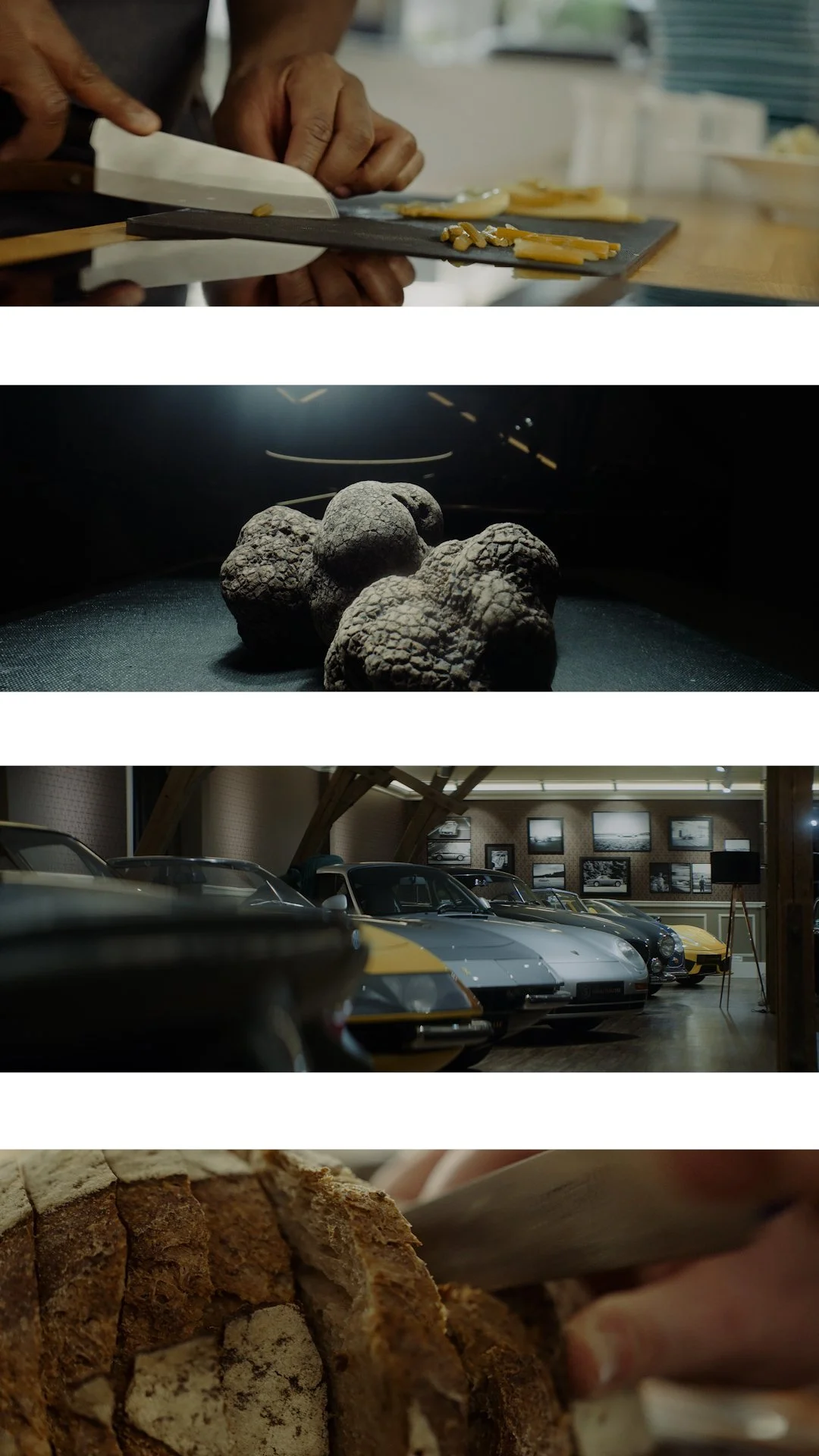 Die Bilder zeigen, von oben nach unten: Jemand schneidet Käse, Trüffel, eine Auto-Ausstellung mit klassischen Autos, und eine Person schneidet Brot.