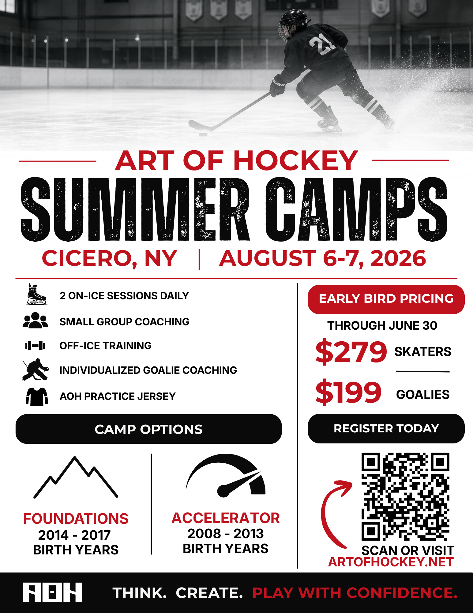 Art of Hockey Summer Camps flyer promoting youth hockey camps in Syracuse, NY in August 2026. Space is limited.