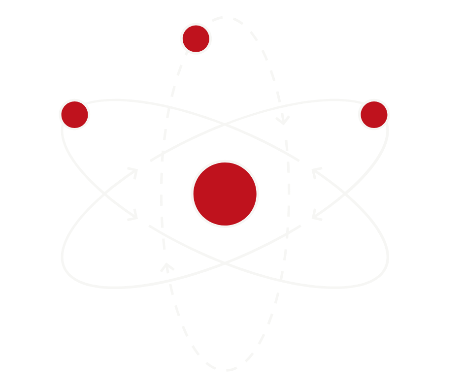 A diagram of an atom with a central nucleus and electrons orbiting around it, shown as red circles connected with curved white lines.
