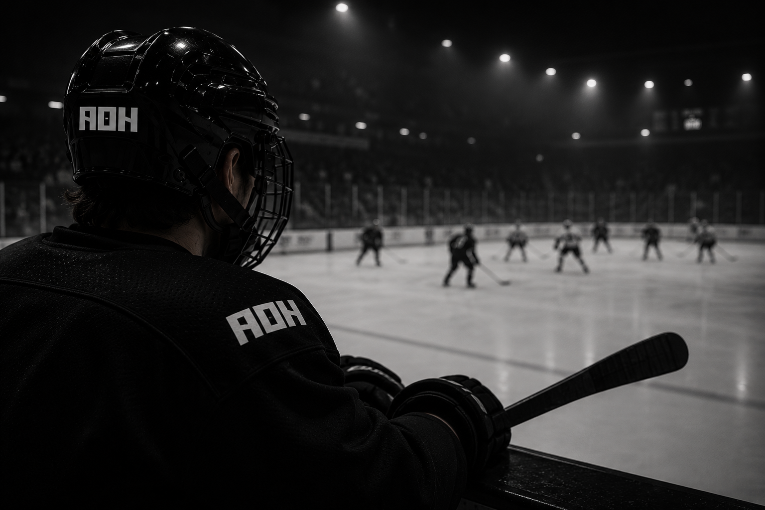 Hockey player sitting on the bench watching a game, players on the ice in a hockey arena.