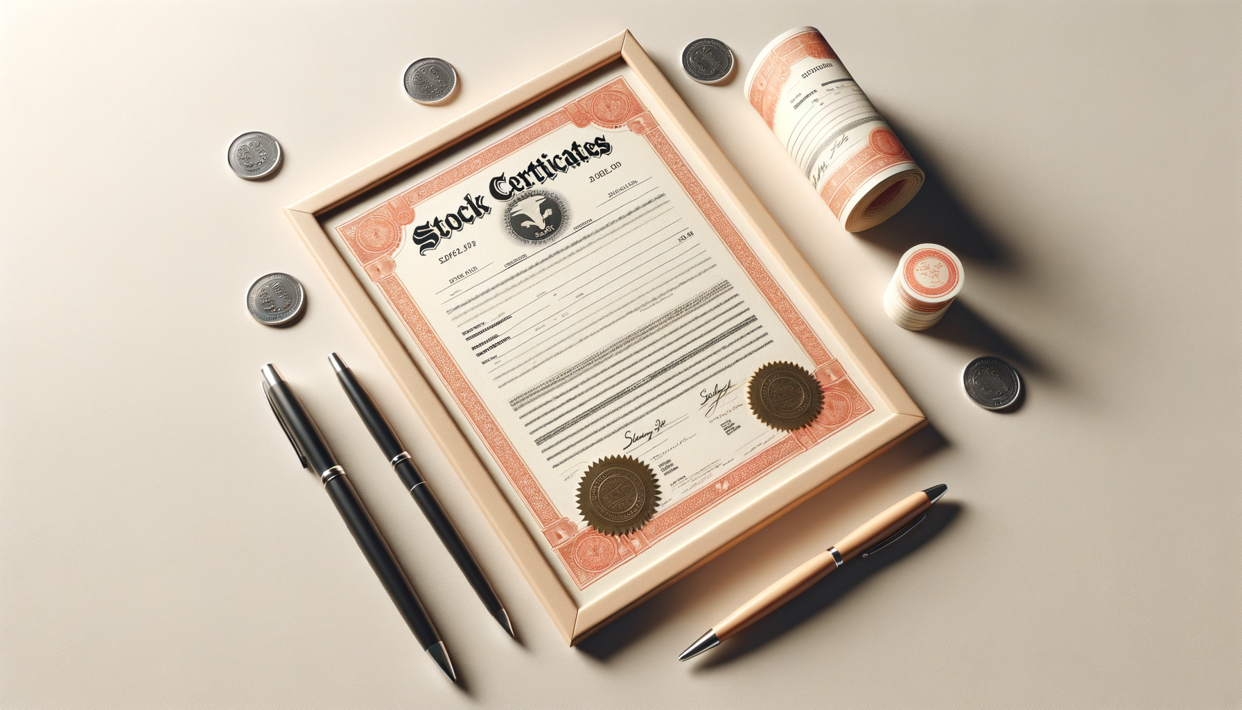 A framed stock certificate resting on a beige surface, surrounded by rolled and stacked poker chips, coins, and three pens.