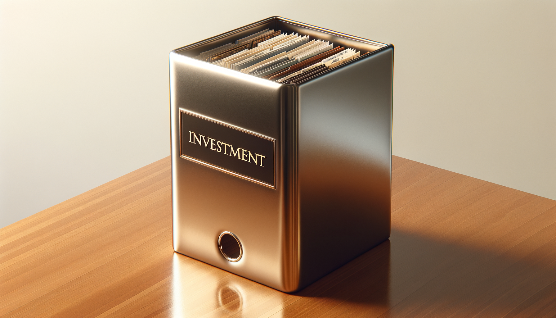 A metallic tan file organizer labeled 'Investment' on a wooden desk, filled with papers and folders.