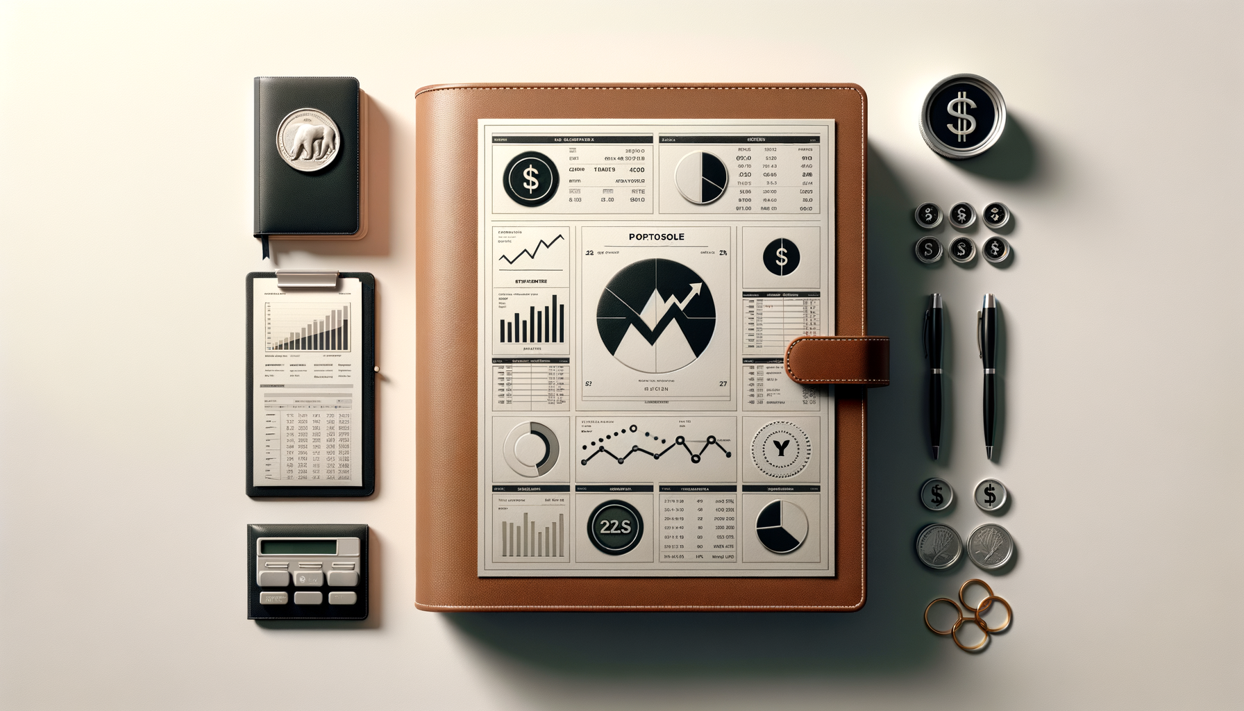 Financial documents, charts, and graphs on a leather portfolio, with office supplies including pens, coins, and a calculator arranged around them on a light-colored surface.
