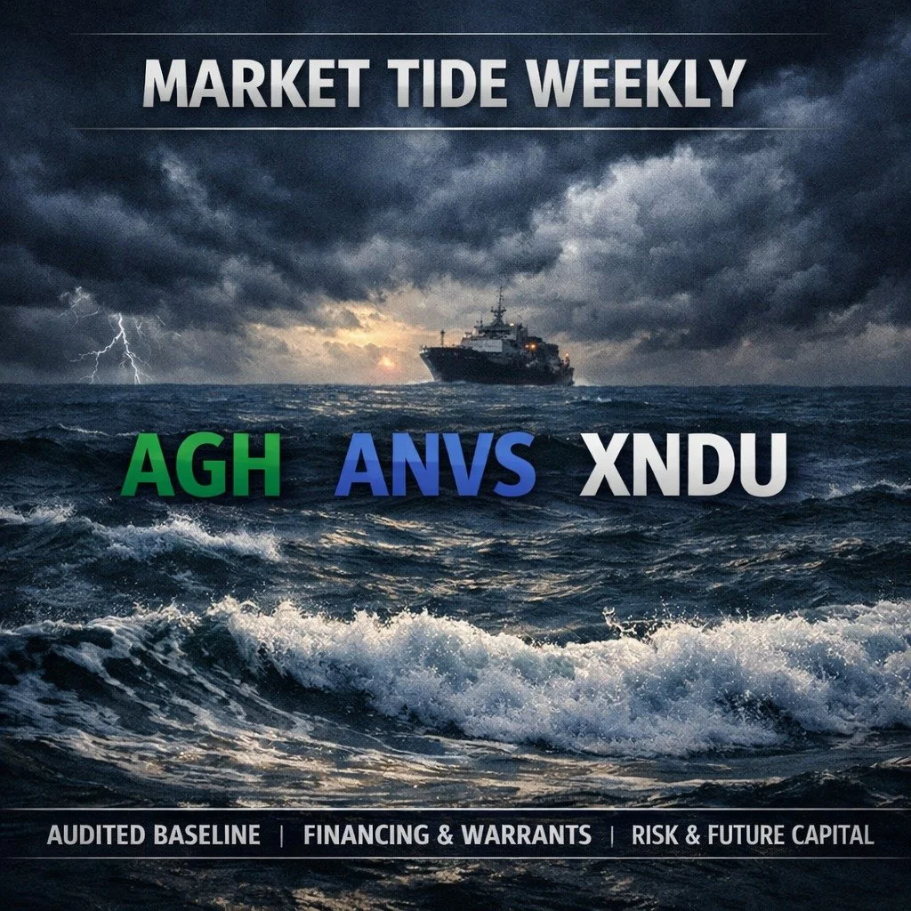 This week&rsquo;s Market Tide Weekly dives beneath the surface:
AGH&rsquo;s audited baseline, ANVS&rsquo;s financing packet, and XNDU&rsquo;s long‑horizon risk map.
The common thread? Supply mechanics &mdash; how runway, obligations, and issuance sha