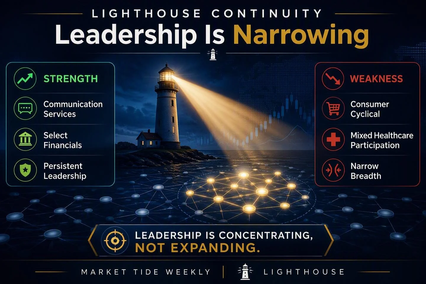 🔍 LIGHTHOUSE CONTINUITY
Not all strength is created equal.
Communication Services produced one of the strongest signal clusters in the latest Lighthouse review, led by recurring participation from names such as PCLA and TJGC.
Meanwhile, Consumer Cyc