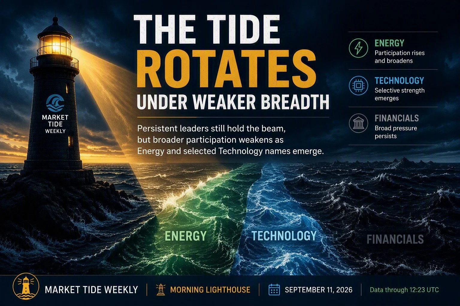 The morning Tide is rotating beneath a weaker surface. Energy and selected Technology names are beginning to surface, but leadership remains concentrated in a small group of recurring signals. Financials continue to carry the broadest pressure, while