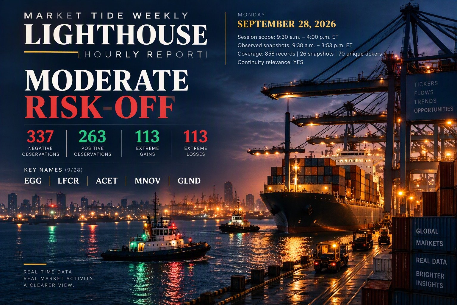 Markets don't always move in one direction.
On September 28, broad participation weakened as negative observations outpaced positive observations 337 to 263, confirming a return to moderate risk-off conditions. Yet beneath that pressure, concentrated