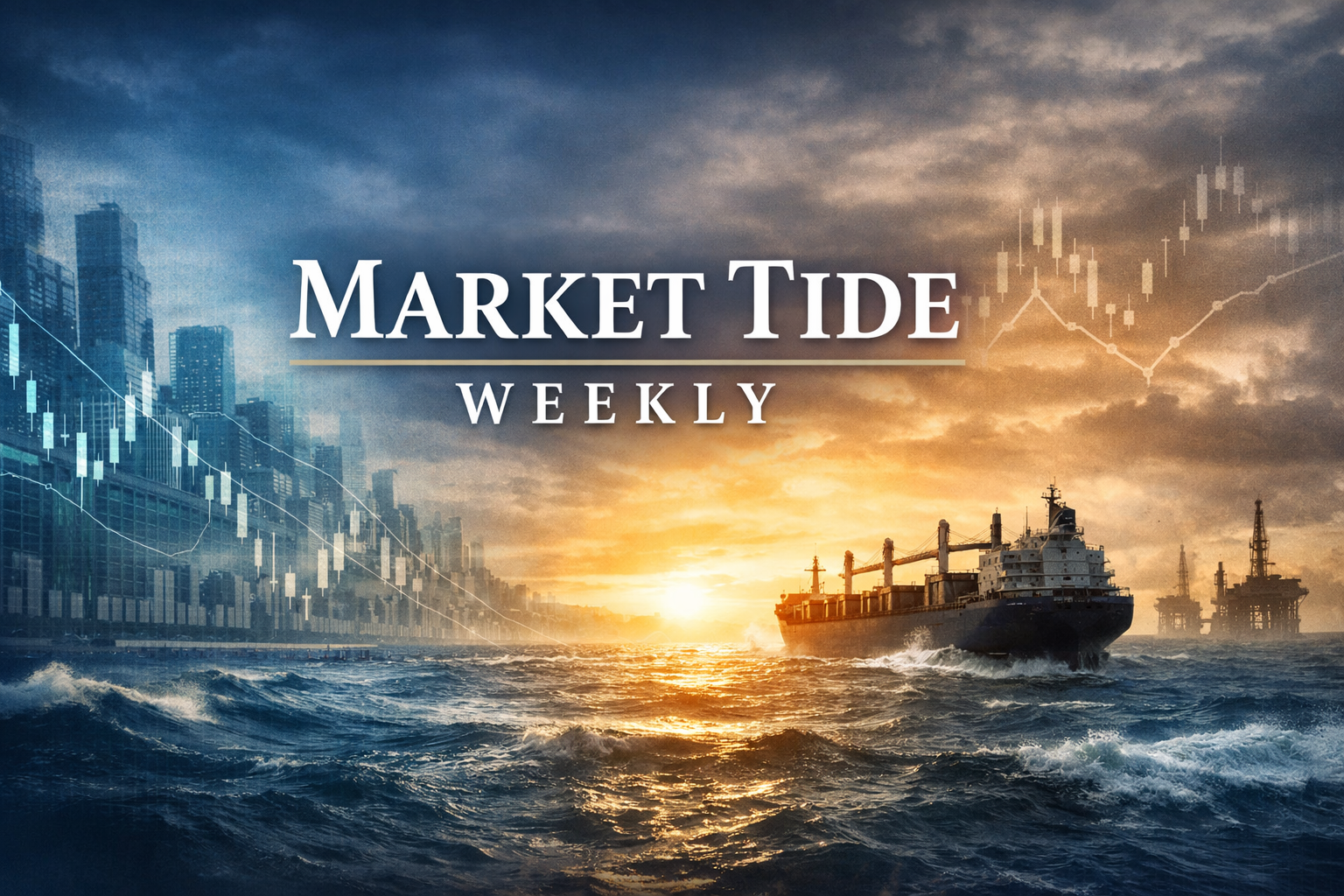 Sunset over the ocean with a cargo ship, city skyline with tall buildings, and stock market chart with candlestick patterns overlay. Text reads "Market Tide Weekly."