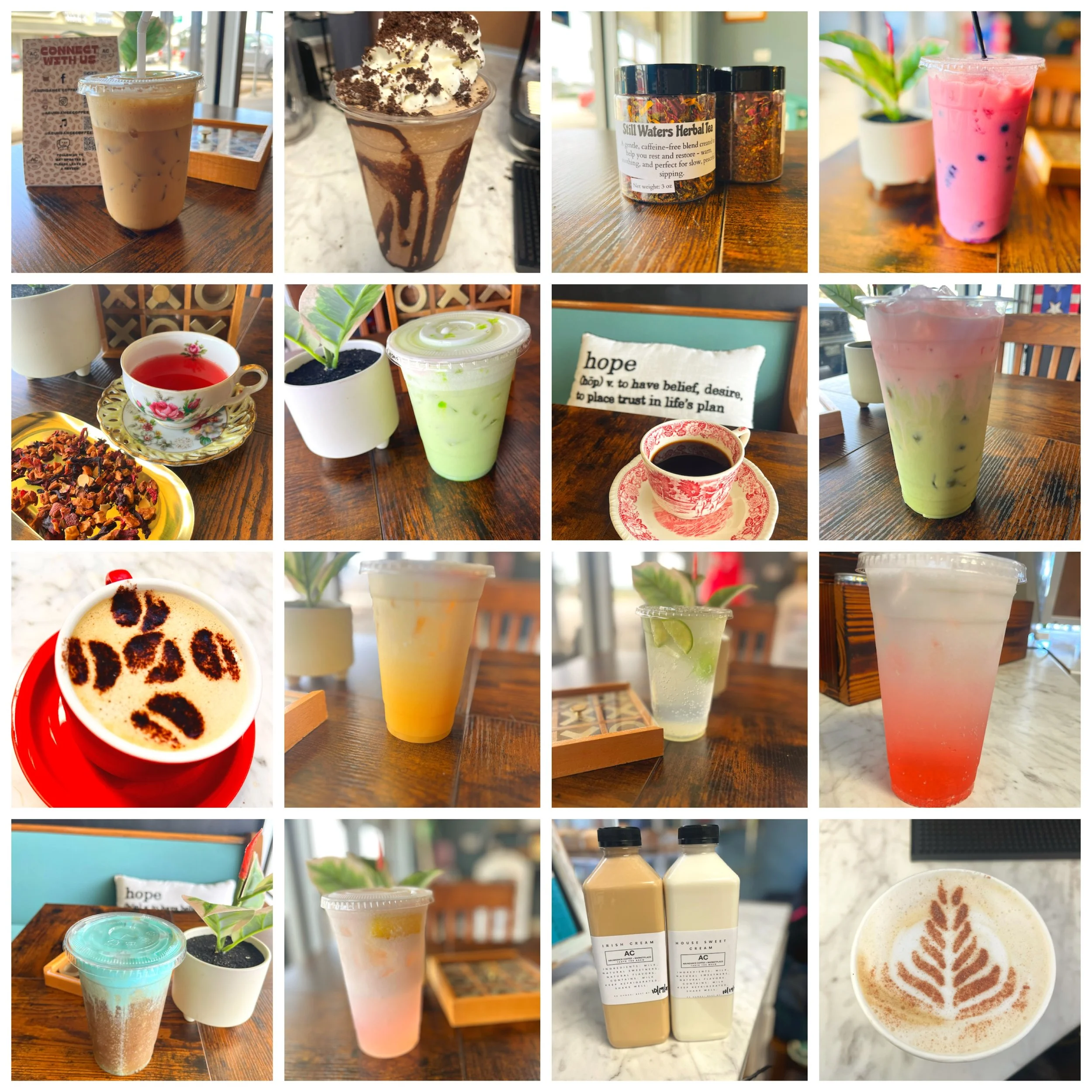 A collage of various beverages and teas, including iced coffees, fruit smoothies, herbal teas, and specialty coffee drinks, displayed on wooden tables in a cafe setting.