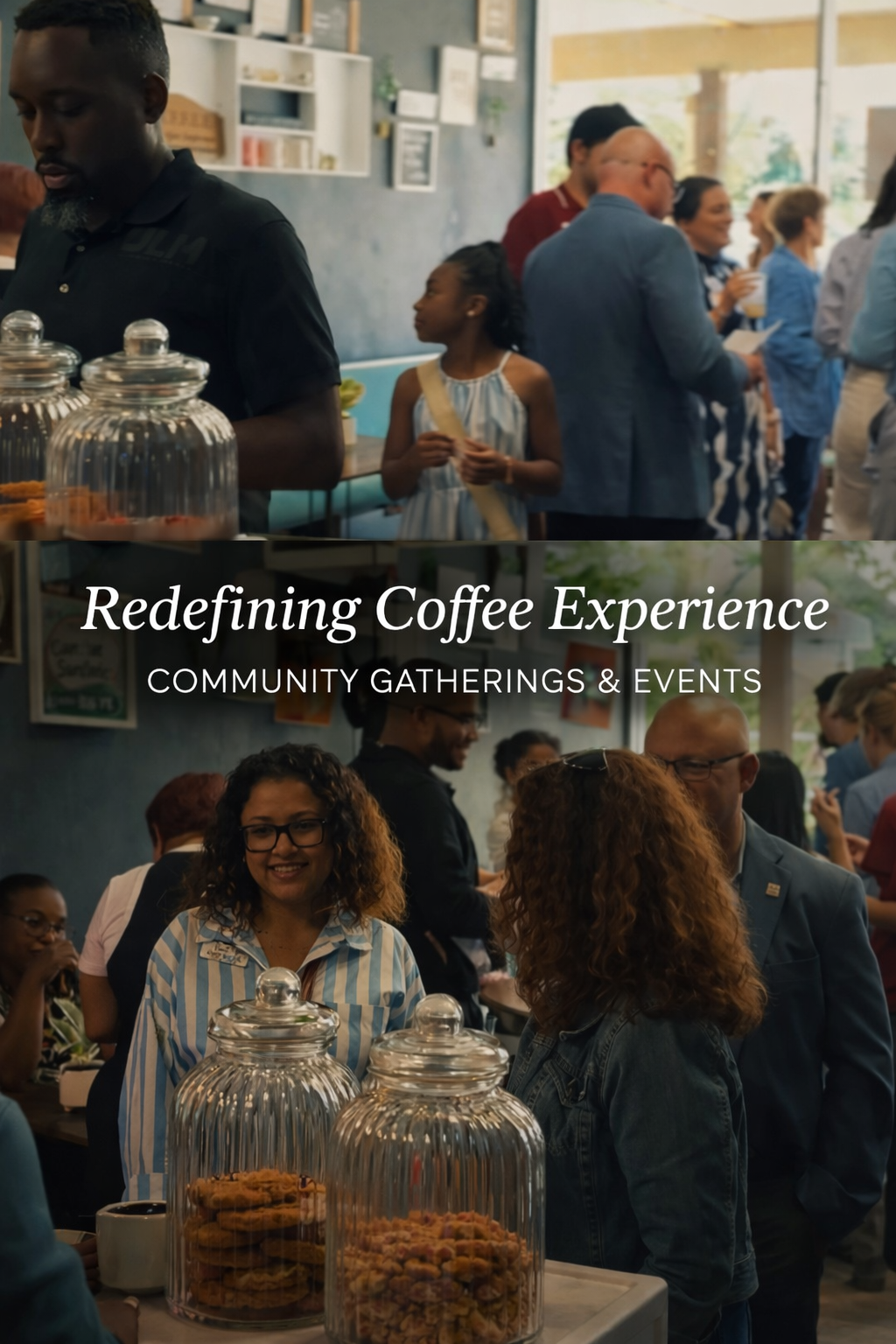 People gathering at a coffee event inside a cafe, with cookies in glass jars on the counter, and a banner with the text 'Redefining Coffee Experience, Community Gatherings & Events' overlaid on the lower part of the image.