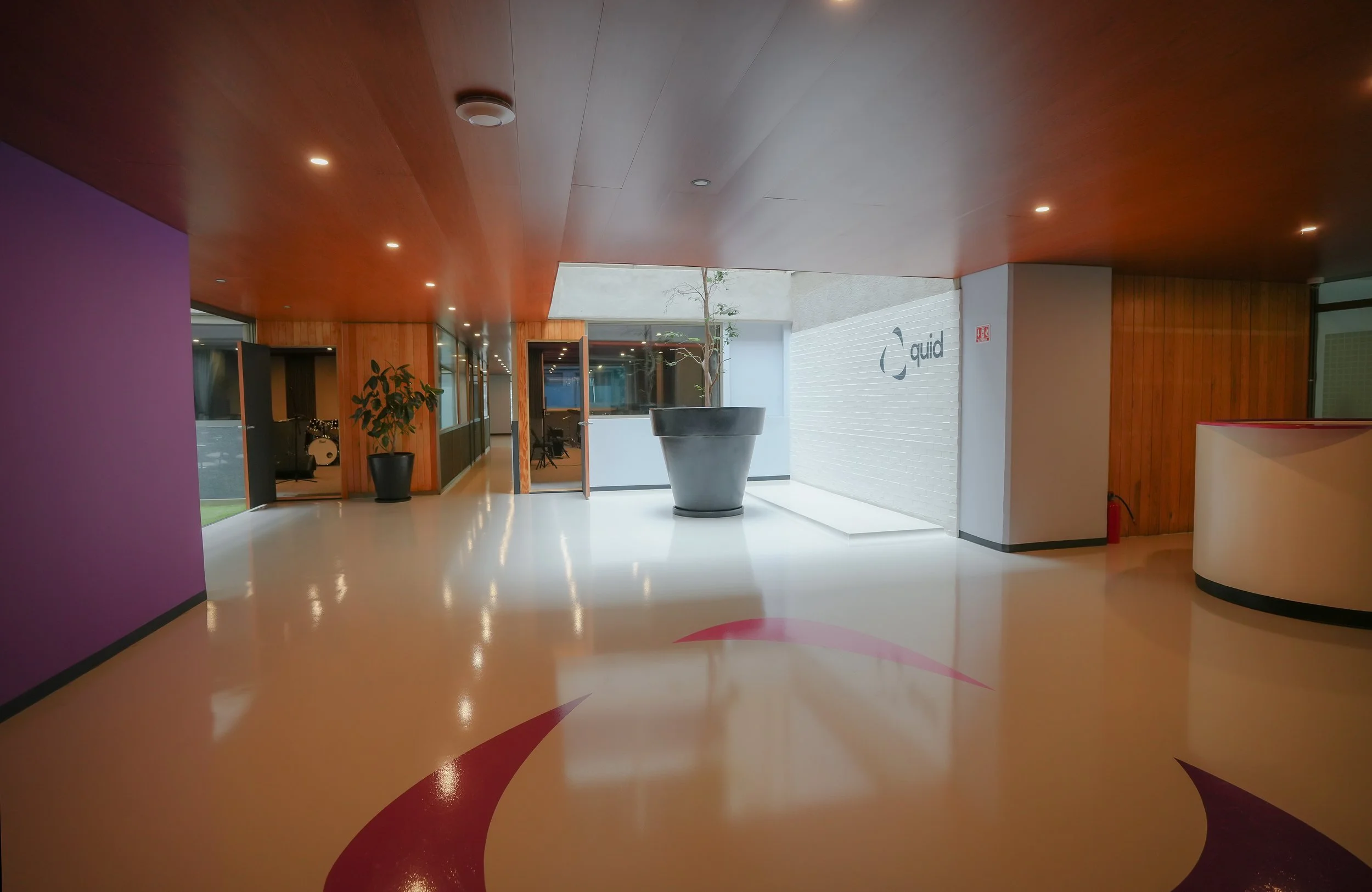 Interior de un edificio con paredes de madera, planta de colores y un área con plantas y luz natural que entra por una abertura en el techo.
