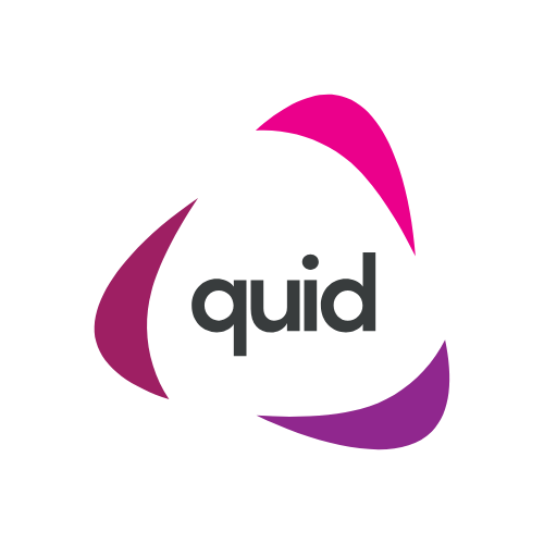 Logotipo de Quid con formas curvas en tonos morado y rosa