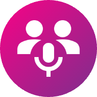 Ícono de dos personas hablando con un micrófono en medio, sobre fondo rosa y púrpura.