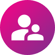 Icono de dos personas, uno grande y uno pequeño, sobre fondo rosa degradado.