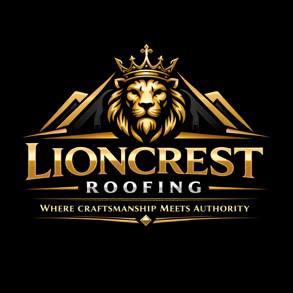 Logo for Lioncrest Roofing featuring a lion with a crown, a mountain silhouette, and the slogan "Where craftsmanship meets authority."