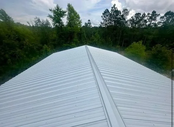 Looking down the peak of a metal roof surrounded by trees and cloudy sky.