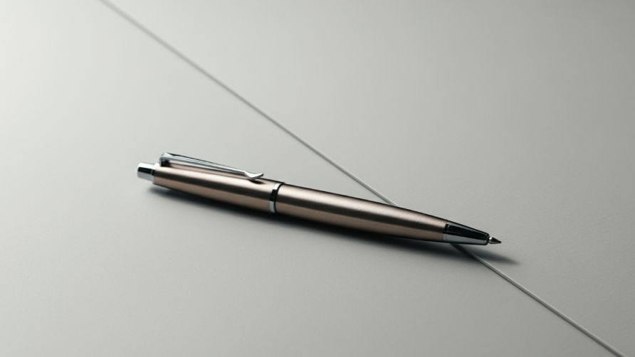 A silver ballpoint pen resting on a surface with a diagonal seam.