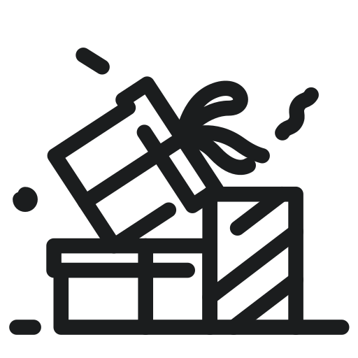 Illustration of three gifts or presents, with one being opened to reveal its contents, and decorative confetti around.