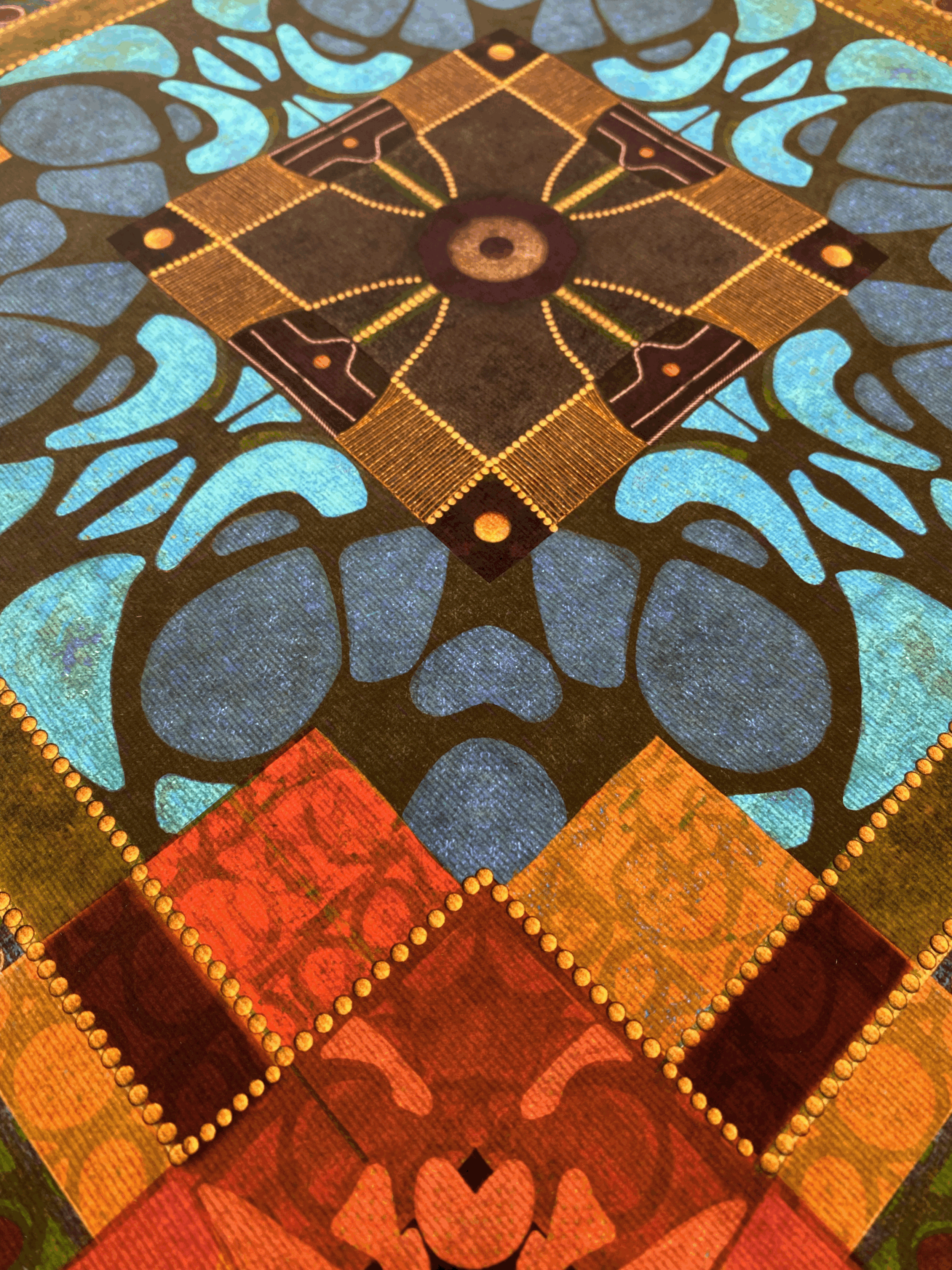 Close-up photograph of The Hidden Courtyard fine art print, showing the layered hand-painted textures and geometric detail.