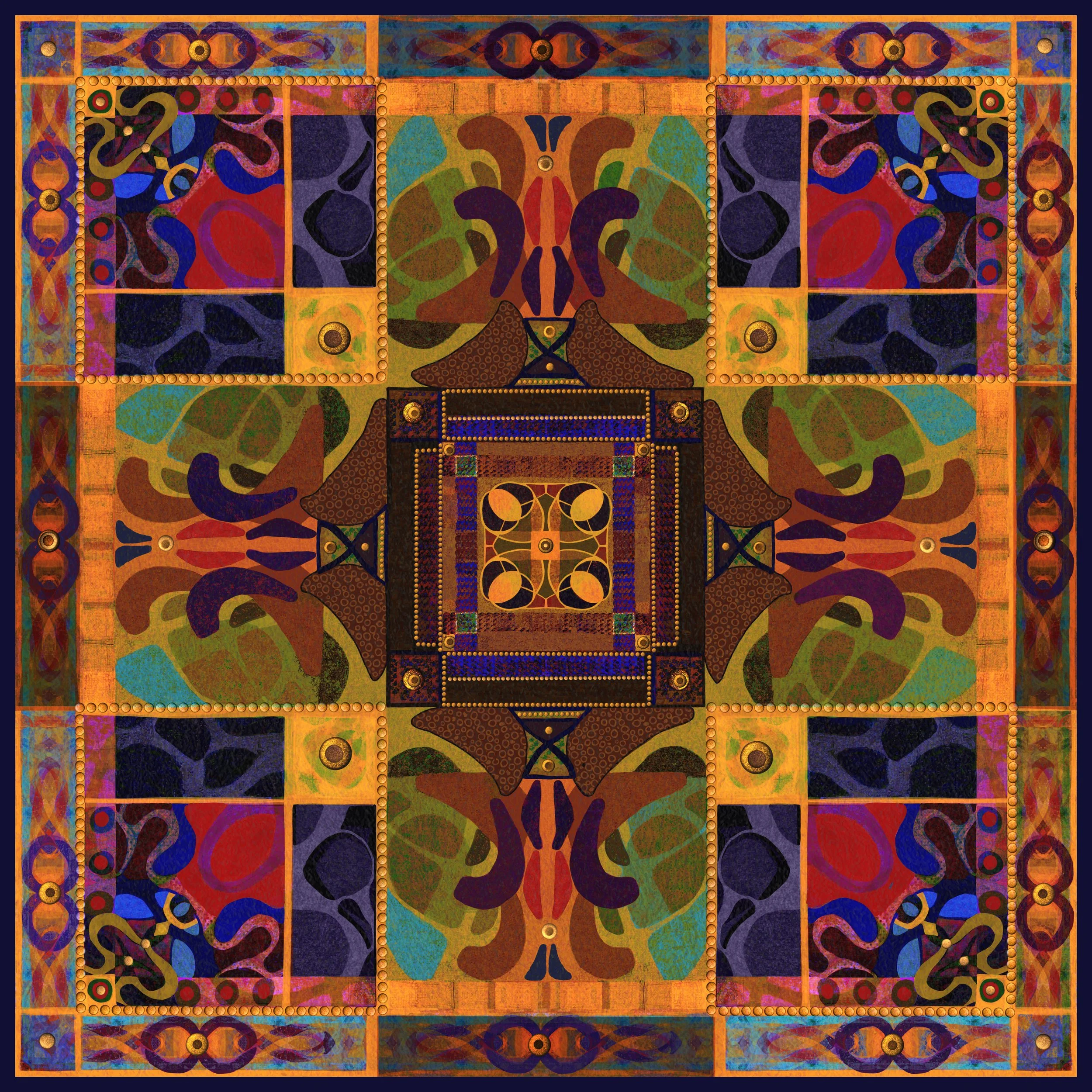 The Inner Chamber abstract geometric artwork by Stephanie Hymas, featuring intricate architectural forms created from hand-painted papers and monoprints.