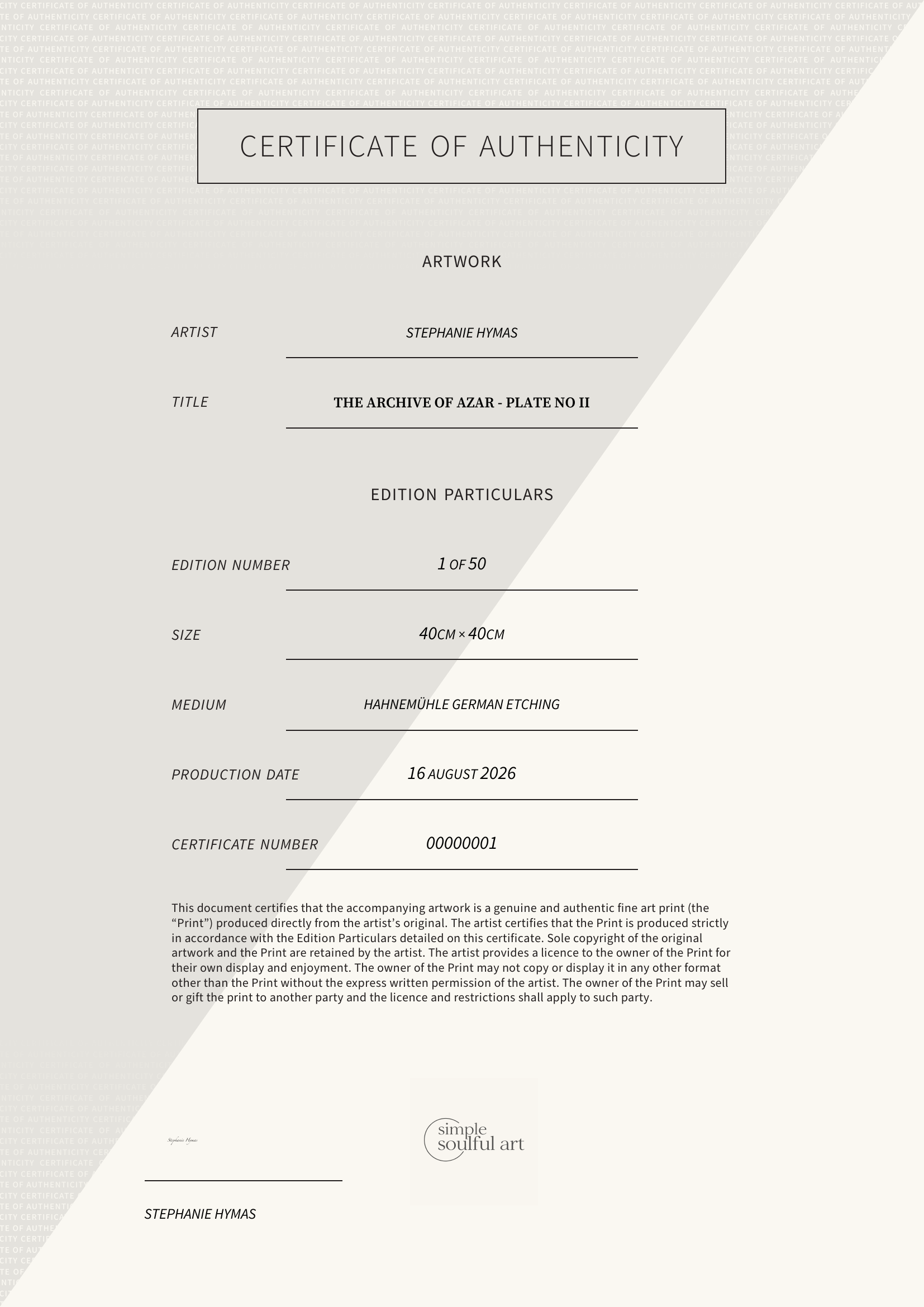 Certificate of Authenticity supplied with each The Inner Chamber limited edition print by Stephanie Hymas.
