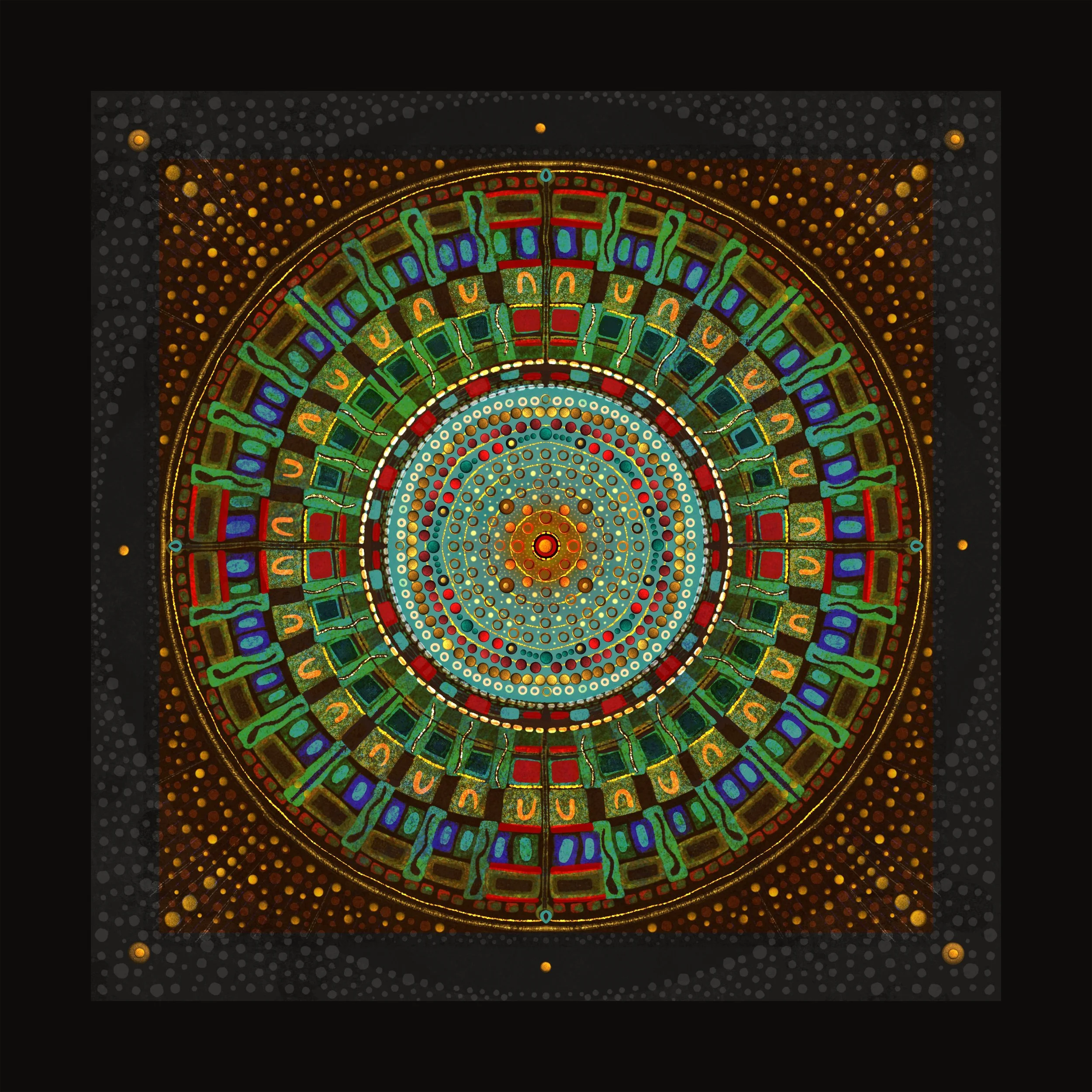 Primordial abstract symbolic artwork by Stephanie Hymas, featuring concentric circular patterns in rich blue, gold, red and green.