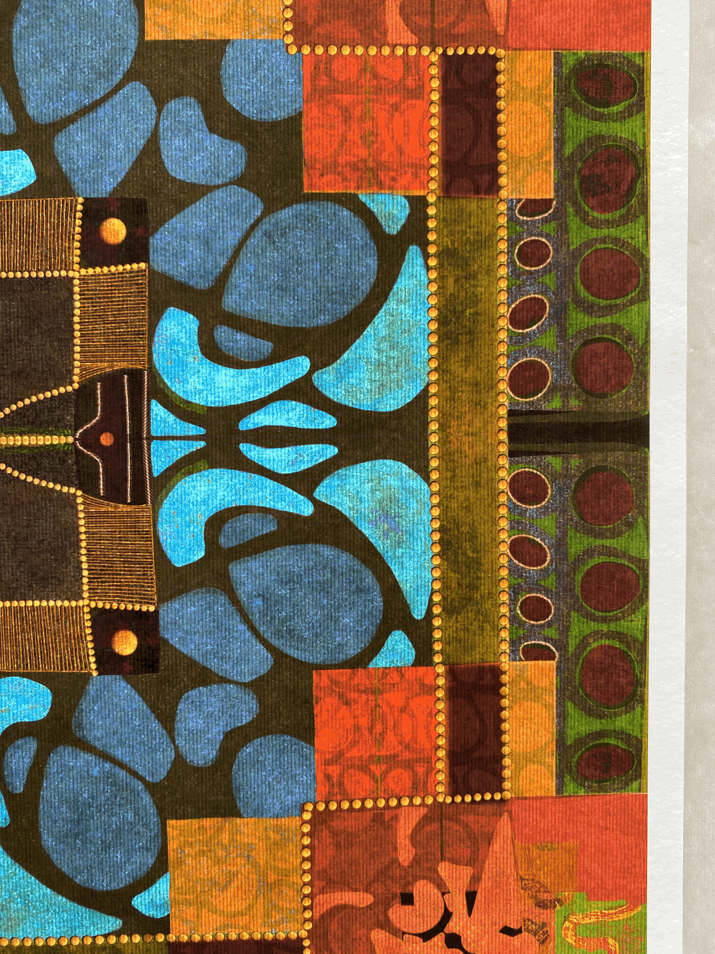 Detail photograph of The Hidden Courtyard limited edition print by Stephanie Hymas, showing the colour, texture and intricate architectural forms.