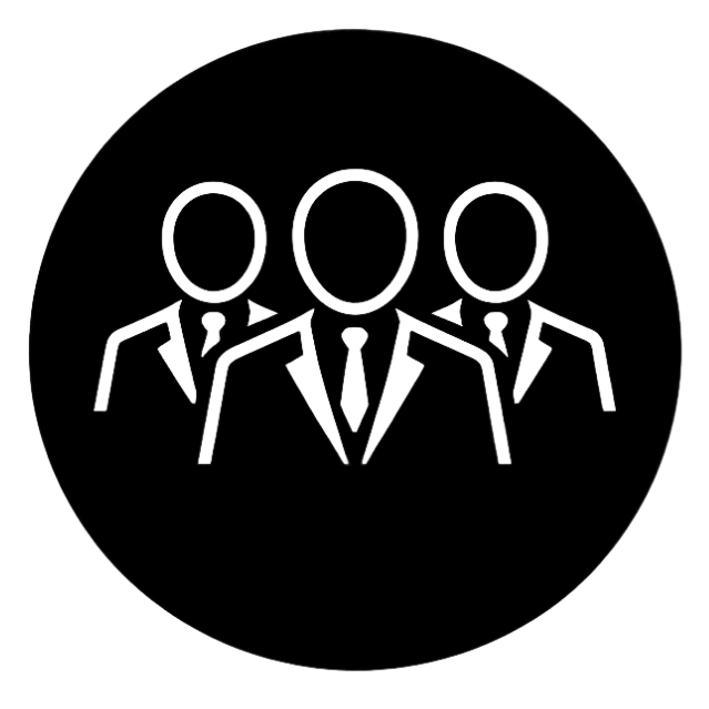 Outline of three faceless businesspeople in suits with ties, representing teamwork or professionalism.