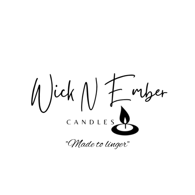 Logo for Wick N Ember Candles with a stylized flame and the tagline 'Made to linger'