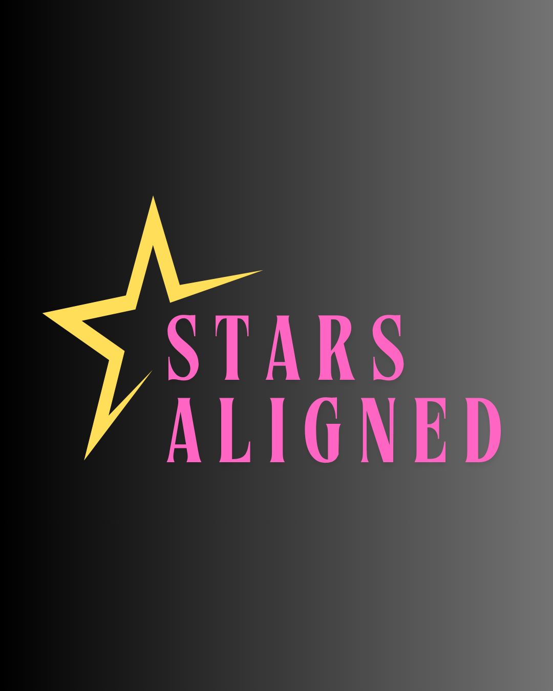 A logo with a yellow star on a black and gray gradient background and the words "Stars Aligned" in pink capital letters.