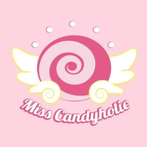 A pink and white logo with a candy swirl, white wings, and the text 'Miss Candyholic' in pink cursive.
