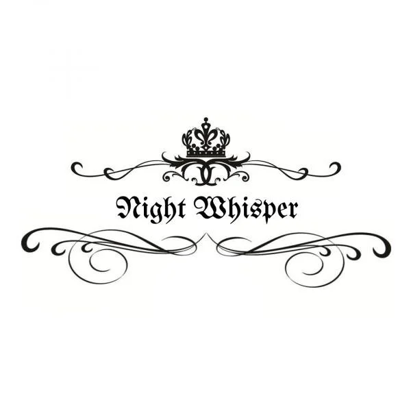 Black decorative crown and floral design with the words 'Night Whisper' in Gothic font on a white background.